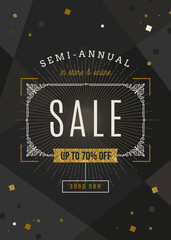 Fototapeta premium Sale banner with ornamental flourishes frame and glitter gold elements on a black background. Vector illustration.