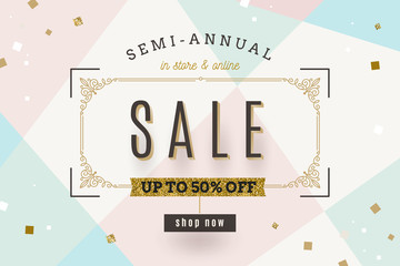 Naklejka premium Retro style Sale banner with ornamental flourishes frame and glitter gold elements. Vector illustration.
