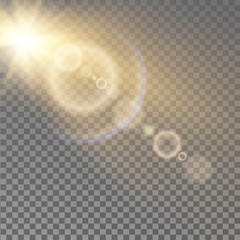 Shining vector golden sun with flares  sunlight effects isolated on transparent background.