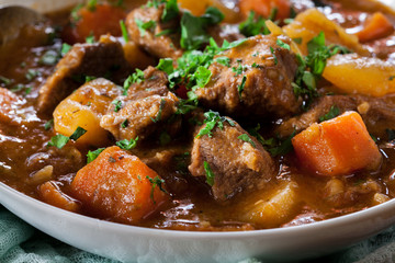 Irish stew made with beef, potatoes, carrots and herbs - 191031765