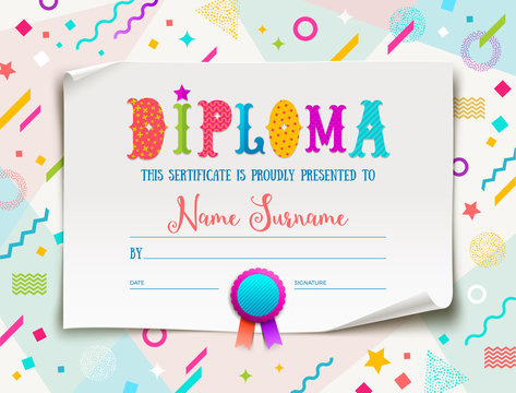 Vector template of kids diploma for kindergarten, school, preschool or playschool. Multicolored certificate type design on a abstract shape colorful background.