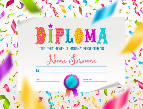 Vector Template Of Kids Diploma For Kindergarten, School, Preschool Or Playschool. Multicolored Certificate Type Design On A White Paper And Colorful Falling Confetti.