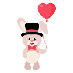 cartoon cute bunny in hat and tie with lovely balloons