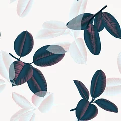 Foto op Plexiglas Seamless pattern, dark green and light pink Ficus Elastica leaves on light grey background © momosama
