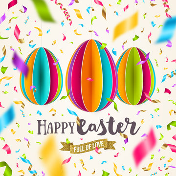 Easter greeting card - colorful paper eggs and multicolored confetti. Vector illustration.