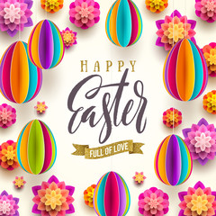 Easter greeting card - Easter brush calligraphy greeting with glitter gold ribbon and  paper flowers and eggs background. Vector illustration.