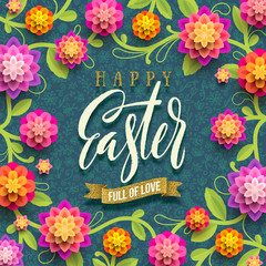 Easter greeting card - Easter brush calligraphy greeting with glitter gold ribbon and  paper flowers background. Vector illustration.