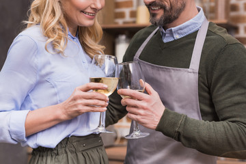 cropped image of husband and wife toasting with glasses of wine