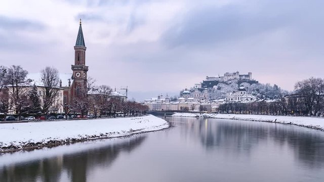 Salzburg day to night time-lapse in winter, Salzburger Land, Austria