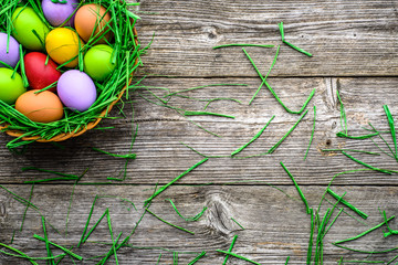 Happy easter eggs, background with colorful eggs in nest on wooden table