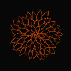 Beautiful orange aster flower isolated on a black background. Embroidery hand made style. The effect of stitching and sewing.