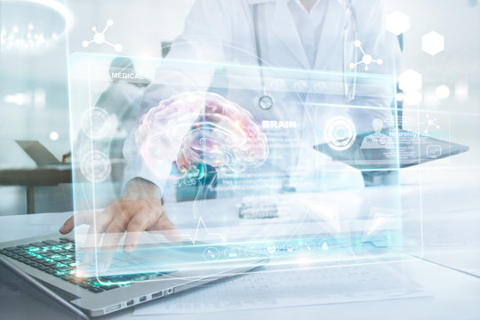 Medicine doctor in brain touching laptop and information medical network connection with modern virtual screen interface in laboratory. Technology Innovation and medicine concept