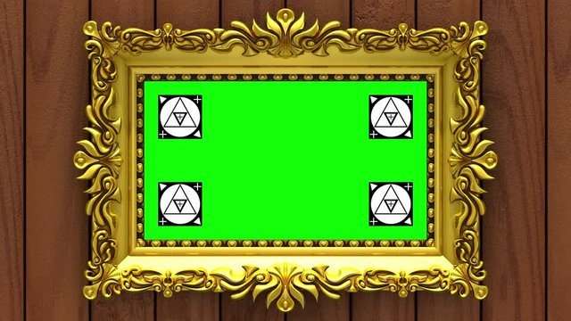 Camera zoom into the gold picture frame on background of brown wood. Motion tracking markers and green screen included. 3D animation.