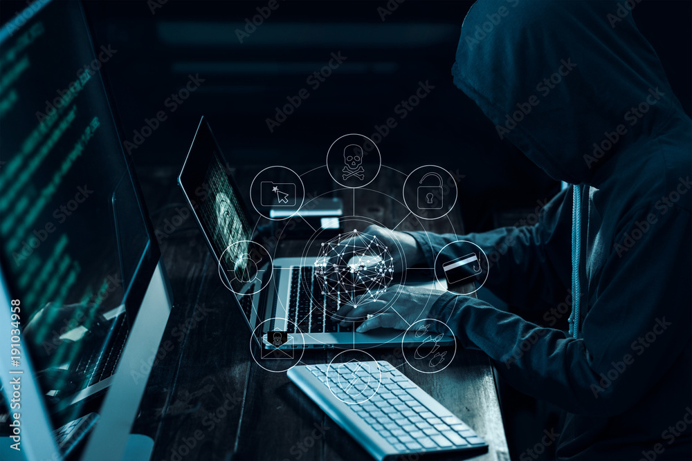 Aufkleber Computer hacker with icons working and stealing information on laptop in dark interface. Cyber crime concept