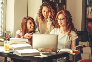 Group of female students study in the school library.Learning and preparing for university exam.