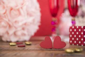 Happy valentine day hearts on wooden background, greeting card love concept