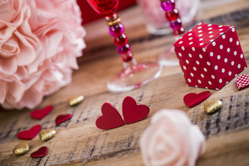 Happy valentine day hearts on wooden background, greeting card love concept