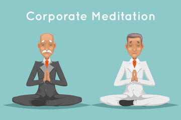 Businessman Elderly Old Corporate Yoga Meditation Wisdom Health Cartoon Character Icons Design Vector Illustration