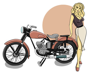Obraz na płótnie Canvas A blonde girl dressed in gray and white dress stands next to a pale pink motorcycle eps 10 illustration
