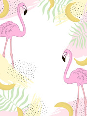 Vector frame tropic flamingo. Green leaves.