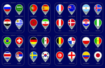 Football World championship groups. 2018 soccer world tournament in Russia. World football cup. Vector illustration country flags. Infographic