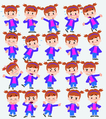 Cartoon character white girl. Set with different postures, attitudes and poses, doing different activities in isolated vector illustrations.