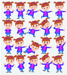 Cartoon character white girl. Set with different postures, attitudes and poses, doing different activities in isolated vector illustrations.