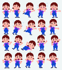 Cartoon character white girl. Set with different postures, attitudes and poses, doing different activities in isolated vector illustrations.