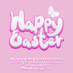 Vector cute Greeting Card Happy Easter with butterfly. Set of Alphabet with pink Letters, Numbers and Symbols