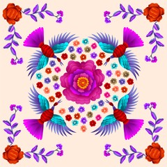 Vector Ancient Oriental folk motif of flowers. Manton shawl, Spanish Manila flamenco decorative embroidery ornament. Traditional handmade embroidery.