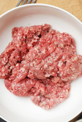 Portion of Minced Meat on White Plate. Ready to Cook. Food Recipe. Top view.