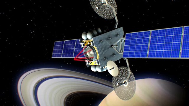 Space laser weapon. Saturn on background, fictional military satellite on orbit of planet shoots from a sci-fi gun, 3d animation. Texture of the Planet was created in the graphic editor.