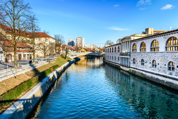 Ljubljanica river with old central market and Dragon bridge, Ljubljana.