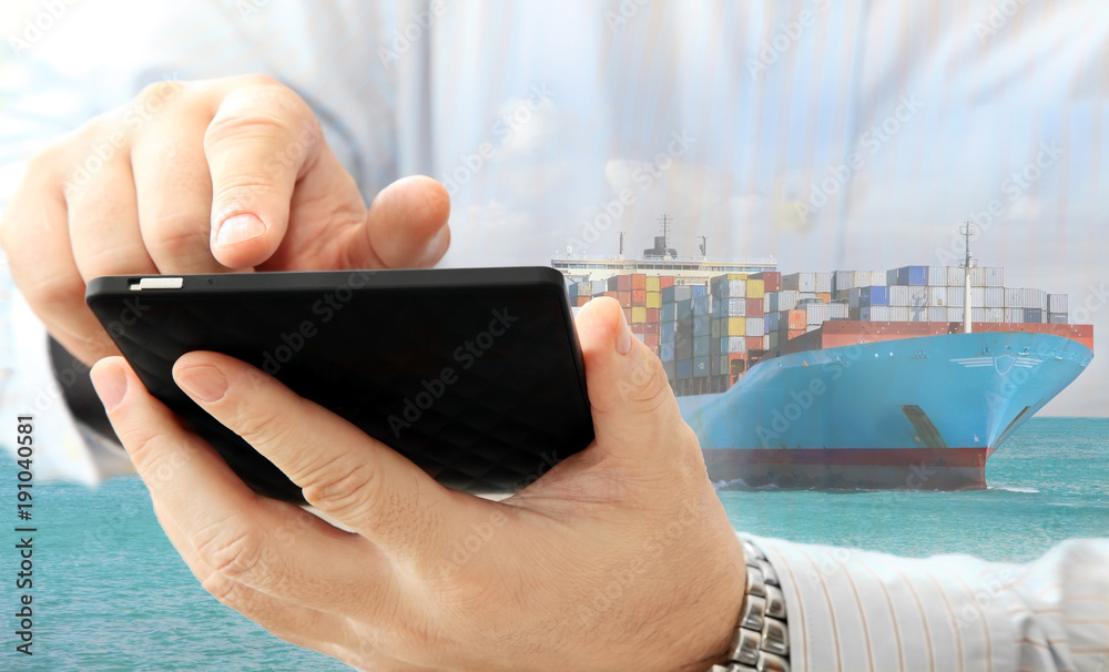 Poster close up of businessman using smart phone for logistic business on cargo ship background