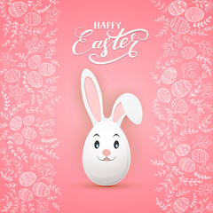 Easter rabbit on pink background with floral elements and eggs