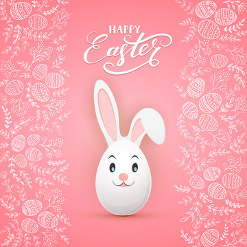 Easter rabbit on pink background with floral elements and eggs