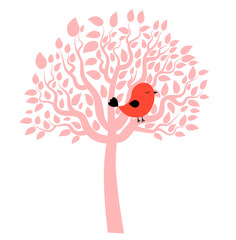 Vector drawing of little red bird perched on a pink tree waiting or dreaming