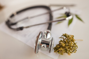 cannabis, CBD  ,stethoscope and recipe