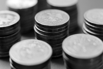 Metal money is like chess. Black white photo of Russian money arranged as chess
