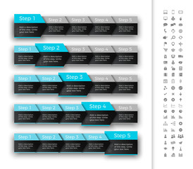 Five steps progress bar with turquoise header. Suitable for moving infographic.
