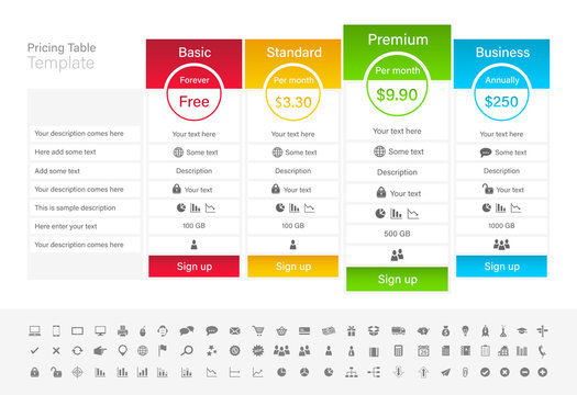 Pricing table with 4 plans and one recommended. Blue, red green and yellow header