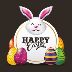 happy easter card face rabbit cute eggs dark background vector illustration