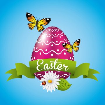 pnik easter egg butterfly flower daisy and green ribbon vector illustration