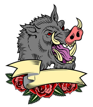 Portrait of a malicious boar in the old school style