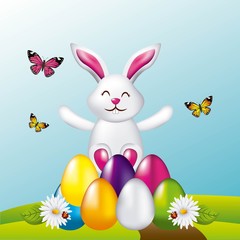 beauty rabbit easter eggs butterflies in field vector illustration