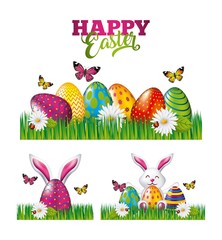happy easter card poster decoration rabbit eggs butterflies and meadow vector illustration