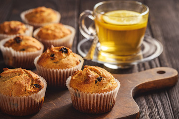 Homemade buckwheat muffins, gluten free, on wooden background.