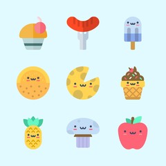 Icons about Food with ice cream, hot dog, melon, apple, cheese and cupcake
