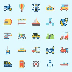 icons set about Transportation. with bike, locomotive, anchor, car key, helmet and traffic light