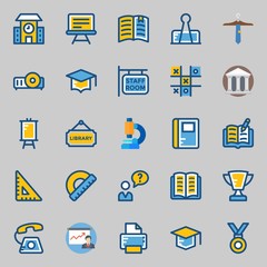 icons set about School And Education. with tic tac toe, printer, mortarboard, trophy, tie and open book